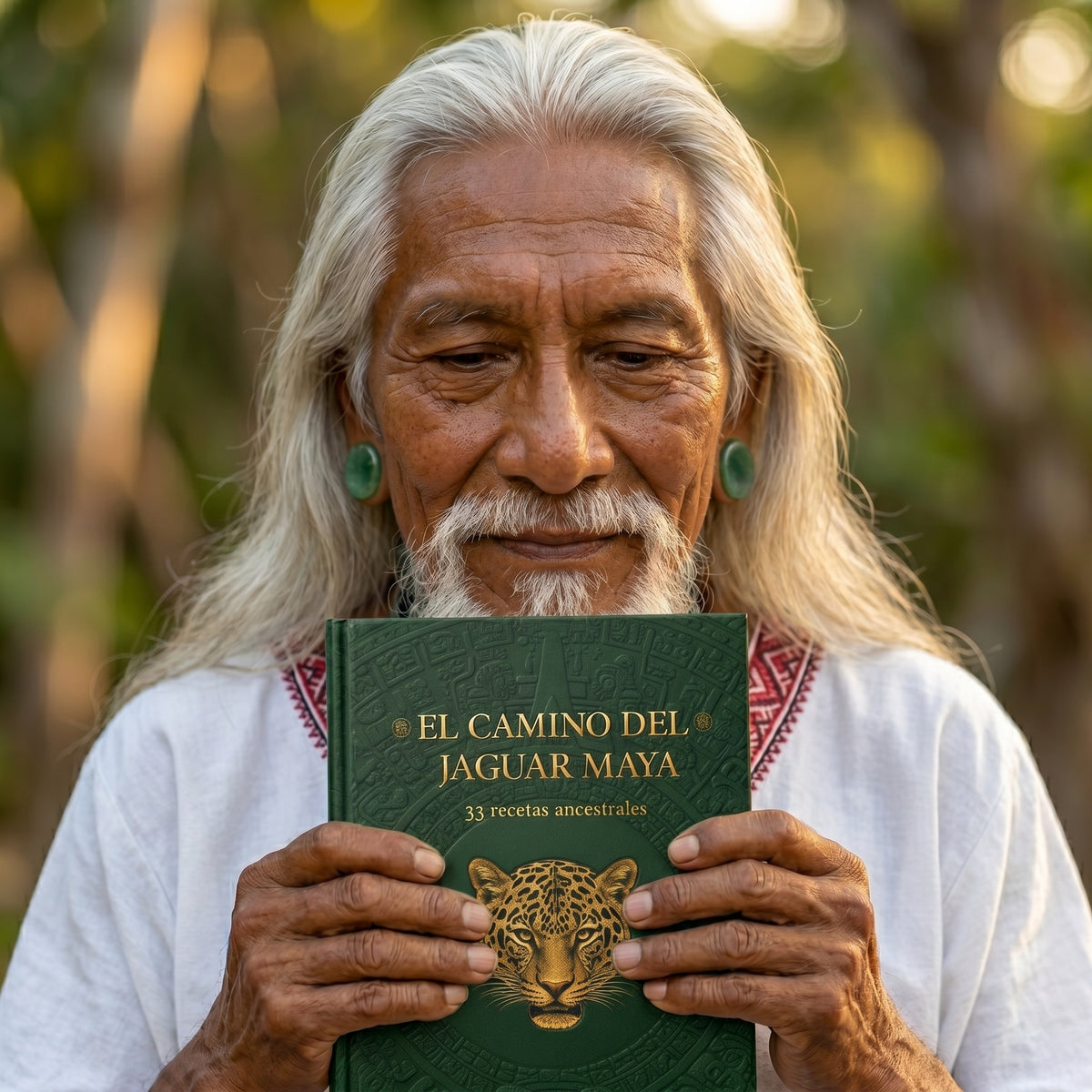 Manos sosteniendo el libro El Camino del Jaguar Maya